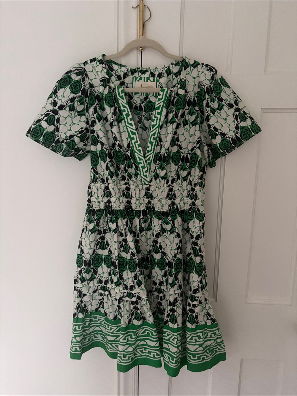 Anthropologie Green and White Floral-Trim Mini Dress